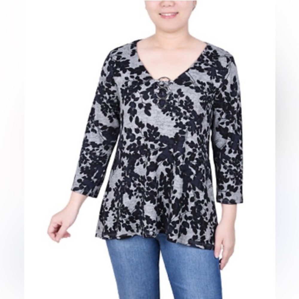 NY Collection 3/4 Sleeve 3-Ring Top